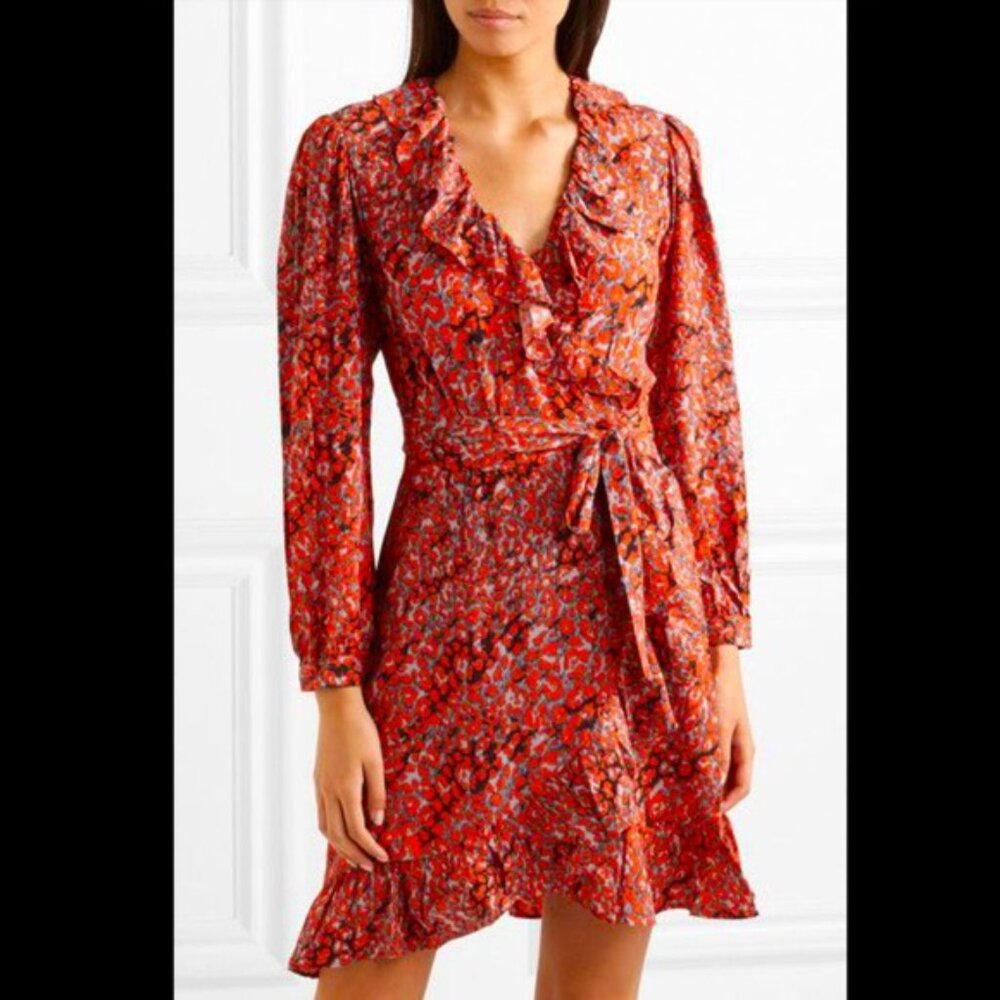 NWT Maje Red Ruffle-trimmed Leopard Print Crepe Mini Wrap Dress
